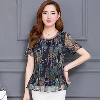 women spring summer style chiffon blouses shirts lady casual short flare sleeve flower printed blusas tops df2863