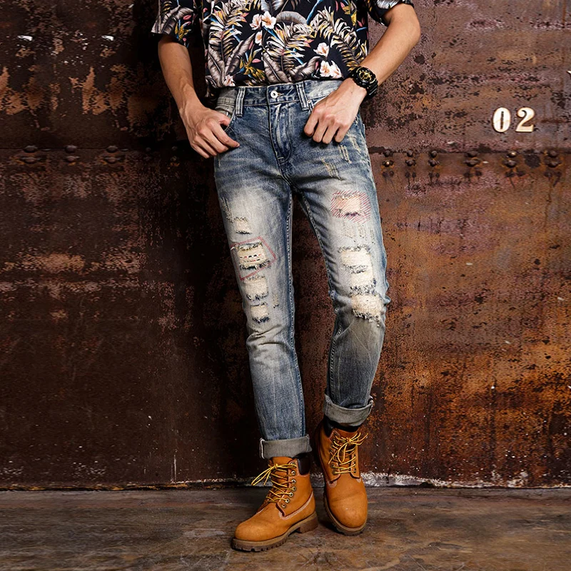 American Street Fashion Men Jeans Retro Yellow Blue Slim Destroyed Ripped Jeans Men Embroidery Patch Designer Denim Punk Pants
