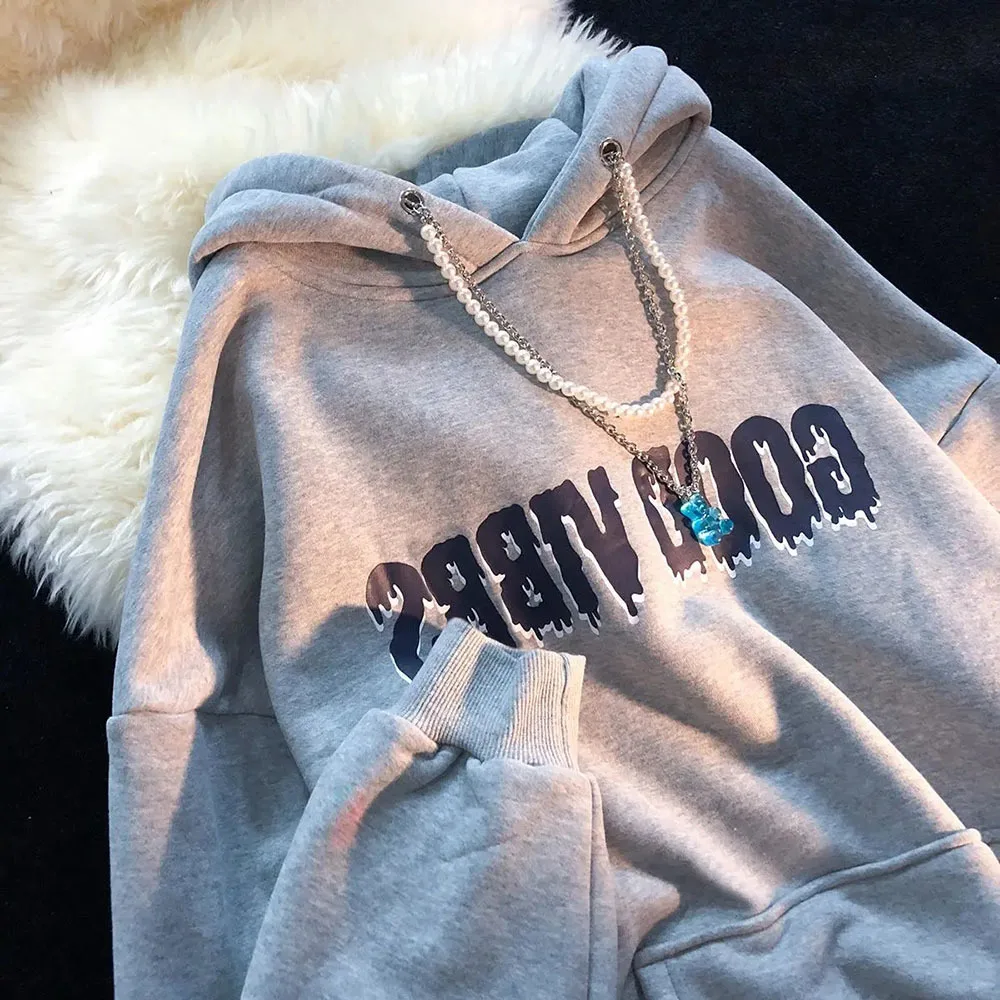 

Women's Autumn Winter American Fleece Chain Hooded Sweatshirts Harajuku Street Hip-hop Female Oversized Hoodies Couple Pullover
