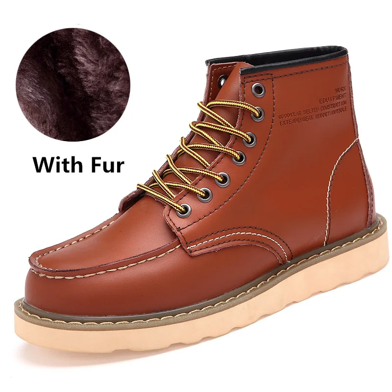 

2021 Retro Red Winter Boots Men Leather Boots British Style Fur Warm Mens Boots Big Size 46 Work Boots For Male Botas De Hombre