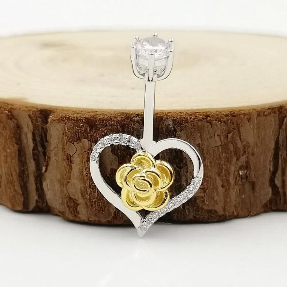 

Fashion Belly Ring Sterling S925 Silver Belly Button Ring Gold Flower with Shiny Zirconia Navel Piercing Body Jewelry HBE983-1