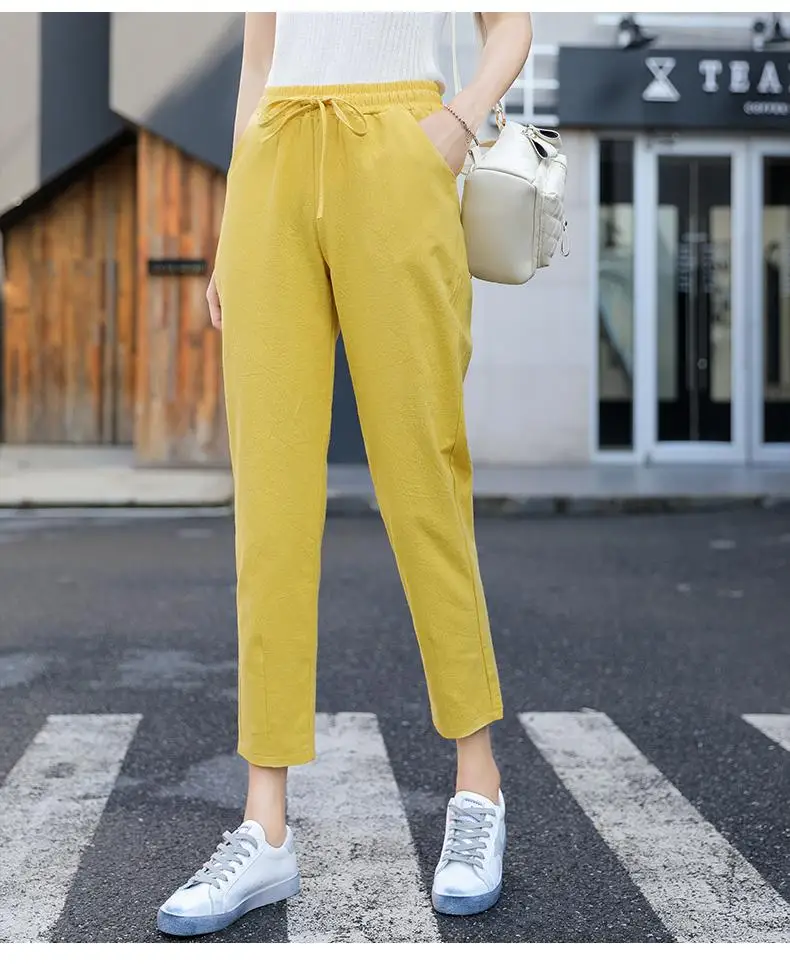 Женские весенне-летние брюки из хлопка и льна Однотонные брюки-шаровары ярких