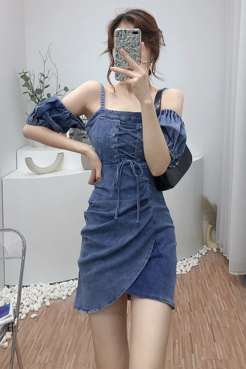 

Cute Vacation Denim Short Dress Women's Summer Thin High Waist Pleated Slim Dress Female Strap A Line Bodycon Jean Dress