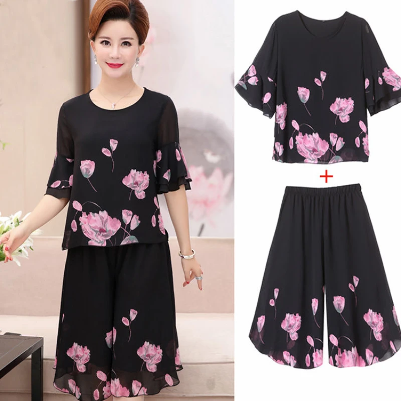 

2021 Women Spring Summer Elegant Mid Aged Suit Female Short Sleeve Shirt Wide Leg Pant Sets Ladies Causal Print 2 Piece Set E672