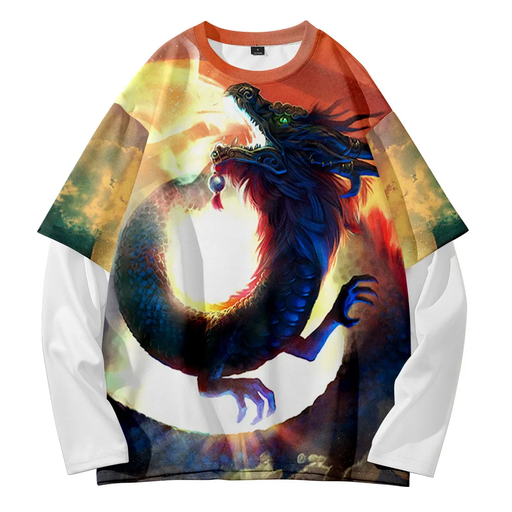 

Chinese Dragon Summer Retro Trend Street Style Fashion Round Neck Fake Two Sweatshirts