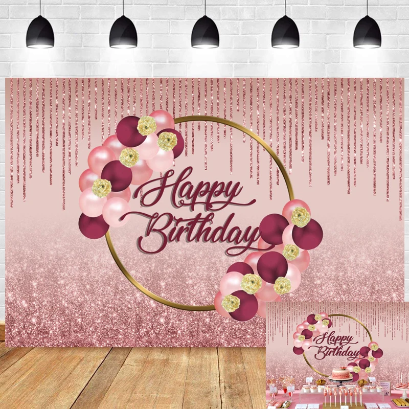 

Rose Gold Happy Birthday Backdrop Party Women Flower Ring Balloon Sweet Princess Photography Background Girls Boys Banner