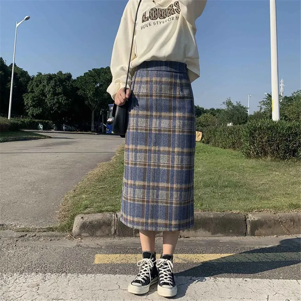 Винтажная клетчатая сумка длинная юбка на бедрах Женская Корейская свободная