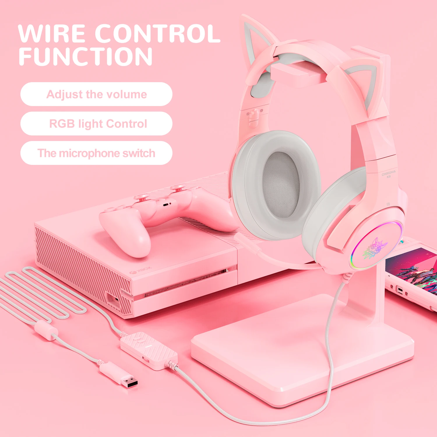 onikuma k9 pink gaming headphones for girl kid pc stereo gaming headset with mic led light for laptop ps4xbox one controller free global shipping