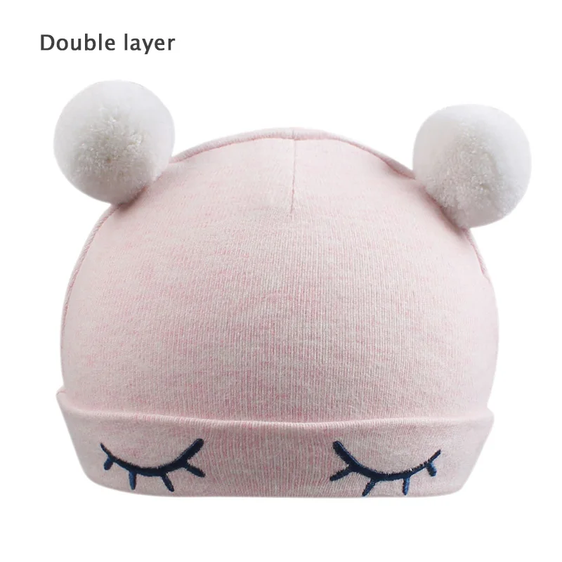 Double Pink Ball Милая шапочка для новорожденных; хлопковая однотонная шапка для новорожденных мальчиков; шапка с медвежьими ушками и кроличьими ушками для маленьких девочек; шапочка для новорожденных; сезон весна-лето - Цвет: Double Pink Ball