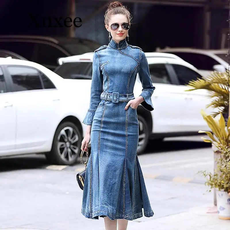 

noble Bodycon Denim Dress Women Spring Women Elegant Wrist Flare Sleeve Mid-calf Mermaid Dress Girls Blue Formal Jeans Dress
