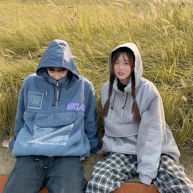 

Lambswool Patchwork Wamr Sweatshirts Couple Winter Streetwear Print Letter Parka Coat with Hooded Men Hip Hop Lambswool Hoodies