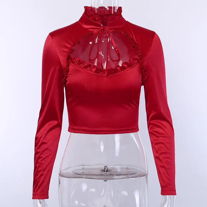 Женские Короткие Топы Блузы с воротником стойкой и длинным рукавом открытые