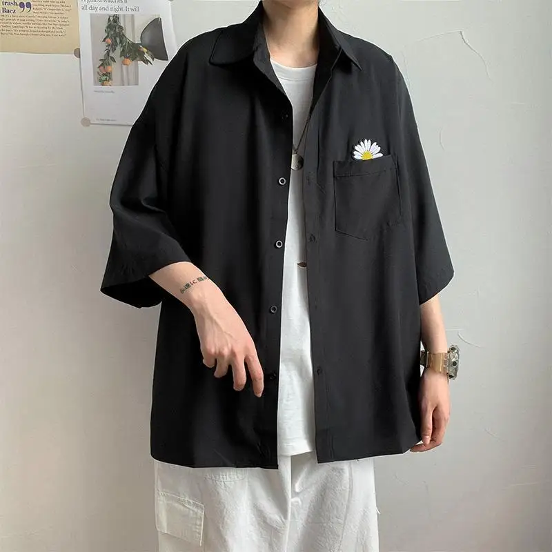 Men Shirts Summer Men's Little Daisy Printing Short Sleeve Shirts Male Shirt Top Plus Size Loose Fashion Shirt Blouses