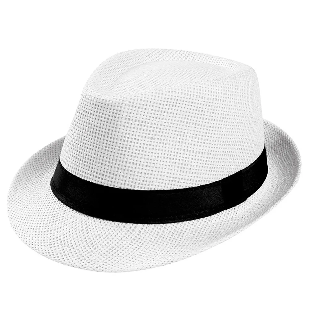 

Fashsiualy Unisex Sun Hats Summer Men Women Hat Trilby Gangster Cap Beach Sun Straw Hat Band Sunhat Patchwork Black White Hat