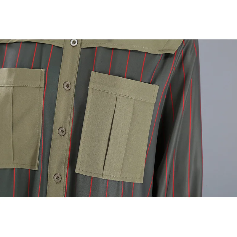 

SuperAen 2021 Spring New Green Striped Shirt Dress European and American Plus Size Loose Pleated Dress