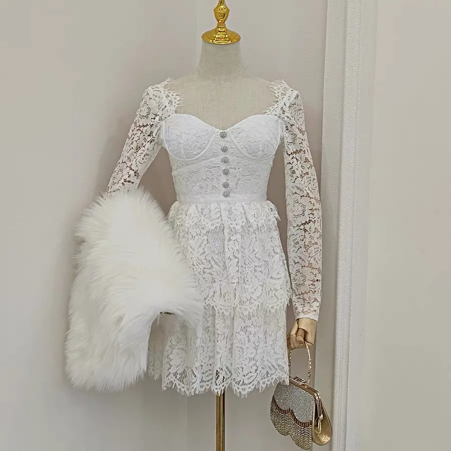 

CHICLADY vintage celebrity square collar long sleeve lace crystal buttons A-line mini dresses for women party birthday dress new