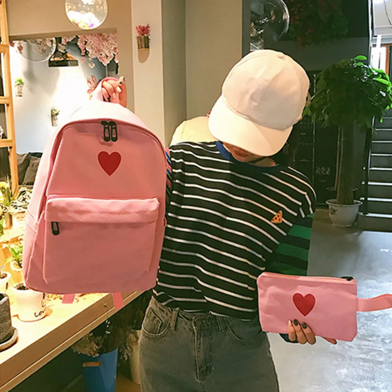 

2 Pcs/Set Korean Women Backpack Canvas Love Heart Printed Lady Travel Bag Girls Students Pencil Case School Bags New
