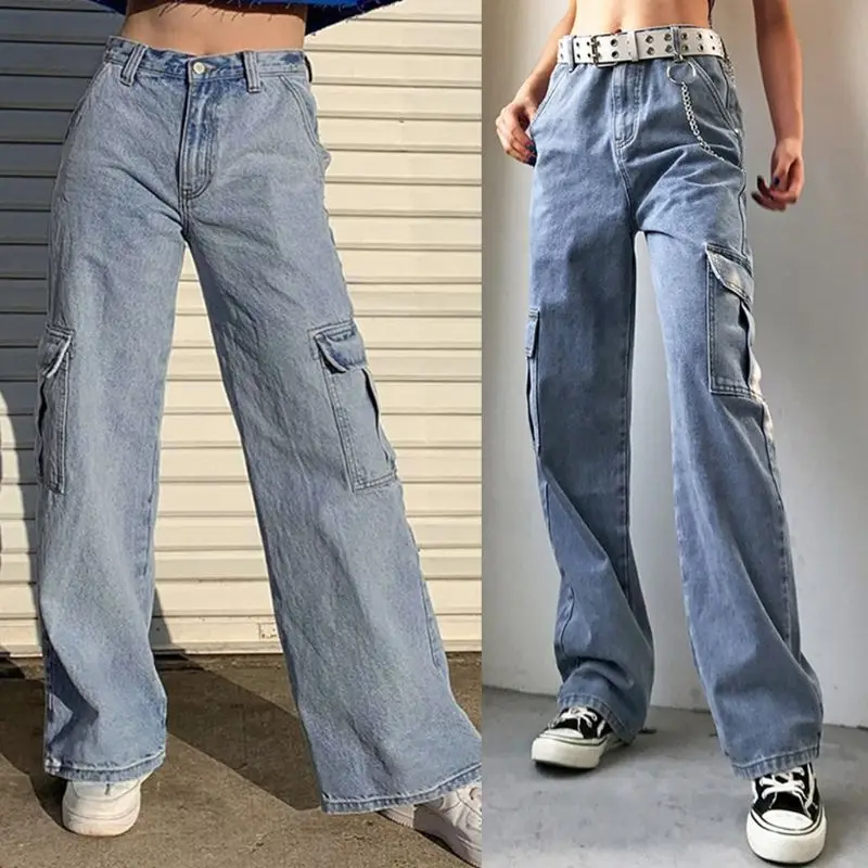 Женские Мешковатые прямые джинсы с высокой талией и большими карманами, Лоскутные Джинсовые брюки-карго с широкими штанинами, летние повсе... от AliExpress RU&CIS NEW