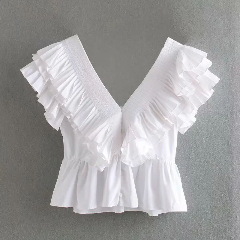 

Summer Women's Fashion White Poplin Ruffled Top Deep V Sleeveless T-shirt