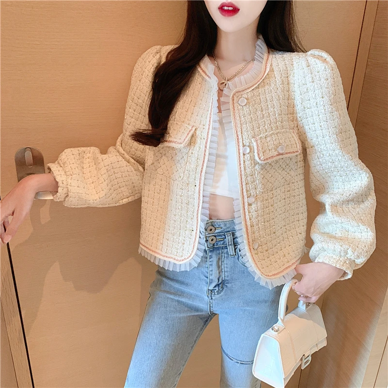 

Autumn Short Cardigan Coat Round Neck Lace Bubble Sleeve Top Fashion Casaco Feminino Jaket Women Chaqueta Reflectante Mujer