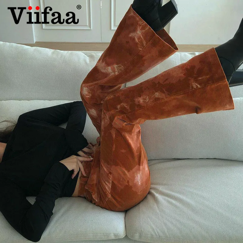 

Viifaa High Waist Tie Dye Fashion Trousers Y2K Streetwear 2021 Women Spring Zipper Fly Female Vintage Flare Pants