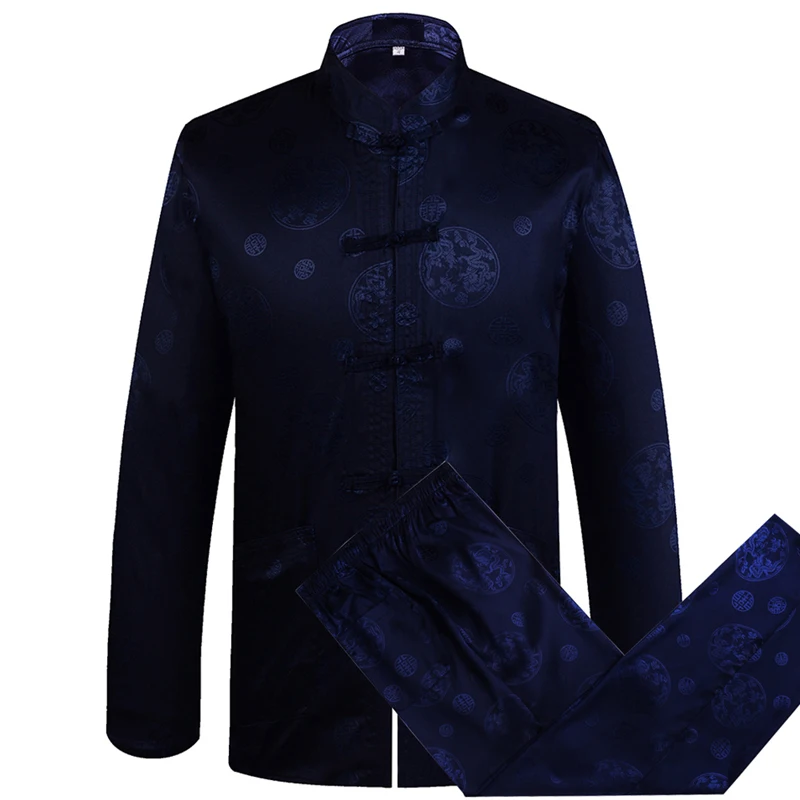Gray Chinese Dragon Men's Tang Suit Sets Long Sleeve Shirt Long Pants Dragon Kung Fu Suit High Quality Silk Wu Shu Tai Chi Sets - Цвет: A blue