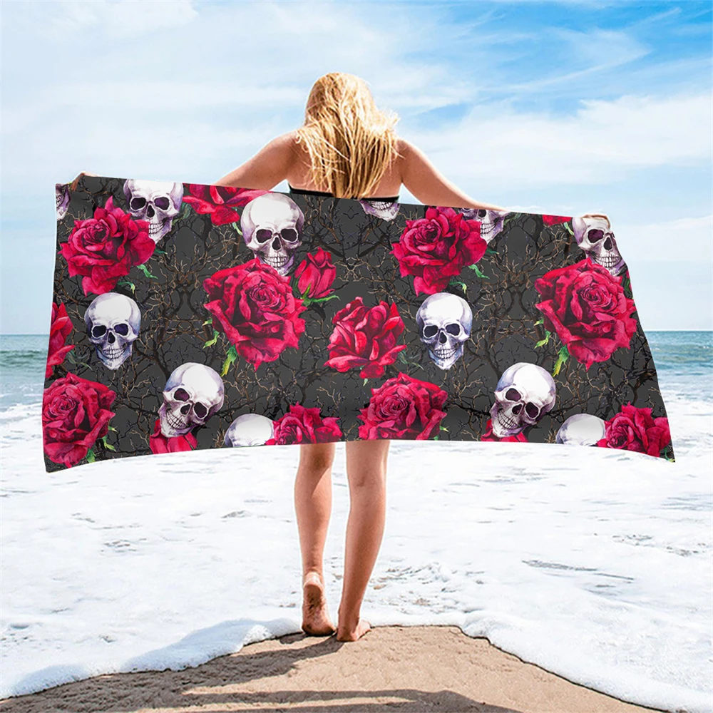 

Microfiber Soft Beach Towels Red Rose Flower With Skull Pattern 3D Print Fast Dry Sand Free Blankets Summer Swimming Toallas