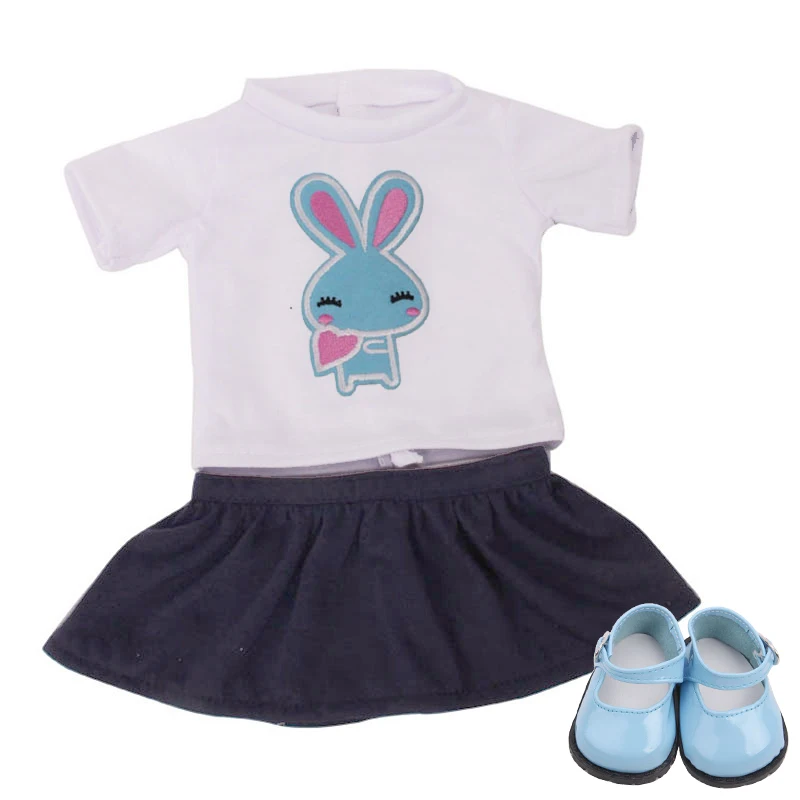 

18 inch Girls doll clothes White print shirt dress suit with shoes American newborn skirt Baby toys fit 43 cm baby dolls c671