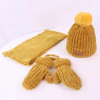 

2020 New Children Winter Three-piece Set Warm Plus Velvet Mitten + Hat + Knitted Scarf Kids Solid Color Cold Weather Accessories