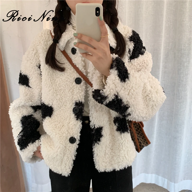 RICININA женские пальто зимние теплые куртки на пуговицах с карманами принтом коровы