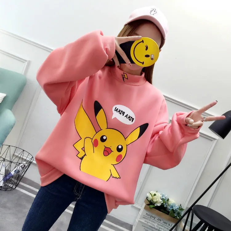 Женская толстовка Kpop осень зима флисовые толстовки желтый кавайный Пикачу с принтом Покемон Харадзюку Корейская одежда пуловер