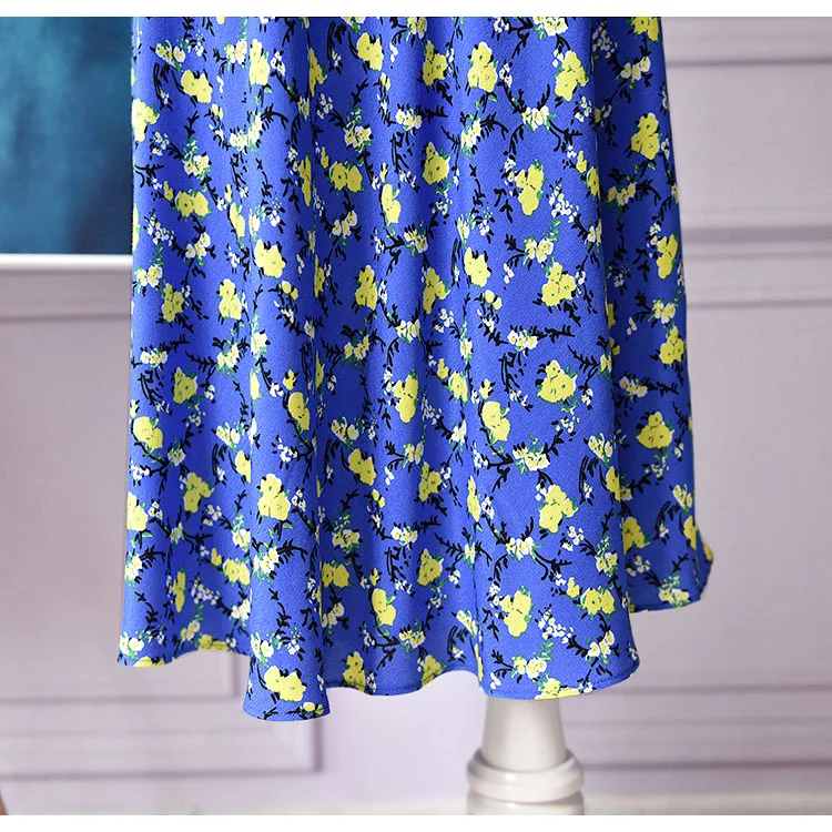 

2021 Women Dress Spring and Summer Dress Blue Floral Dress Women's V-neck Short Sleeve Dress