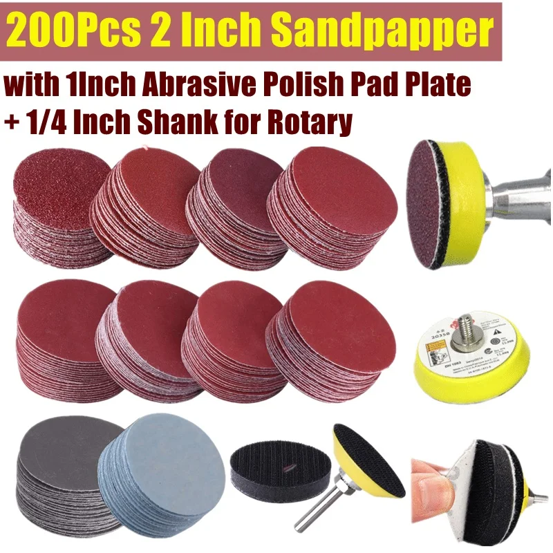 

200Pcs 50mm 2 Inch Sander Disc Sanding Discs 80-3000 Grit Paper with 1Inch Abrasive Polish Pad Plate + 1/4 Inch Shank for Rotary