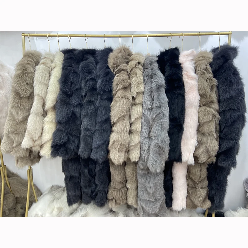 Women's Thick 100% Real Fox Fur Long Warm Long Sleeve Loose Overcoat Winter Warm Real Fox Coat