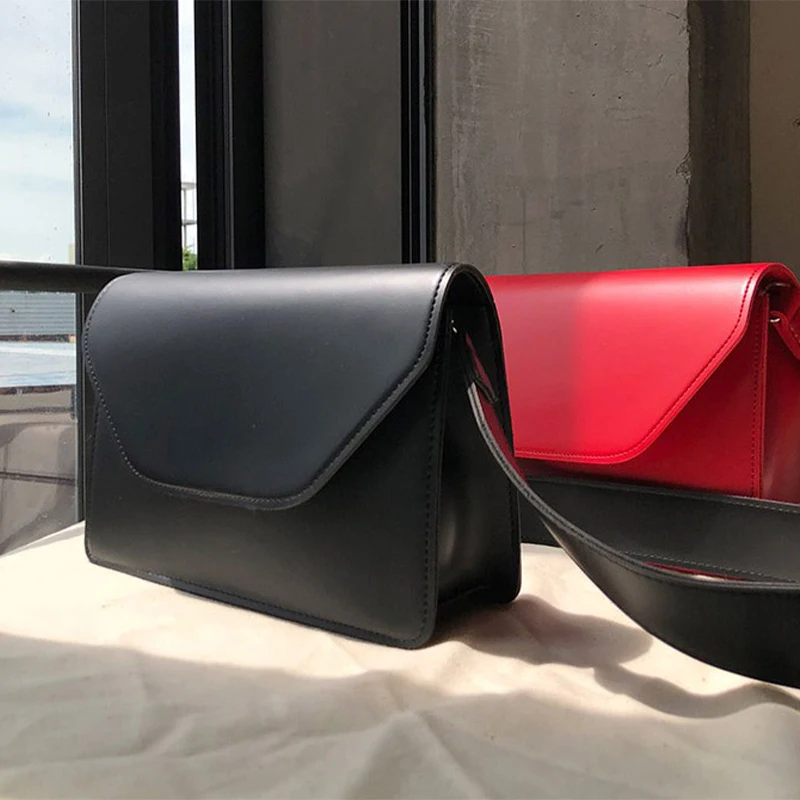 

New 2020 Women High Quality Pu Leather Ladies Simple Flap Solid Color Crossbody Bag Single Shoulder Wide Strap Shoulder Bags