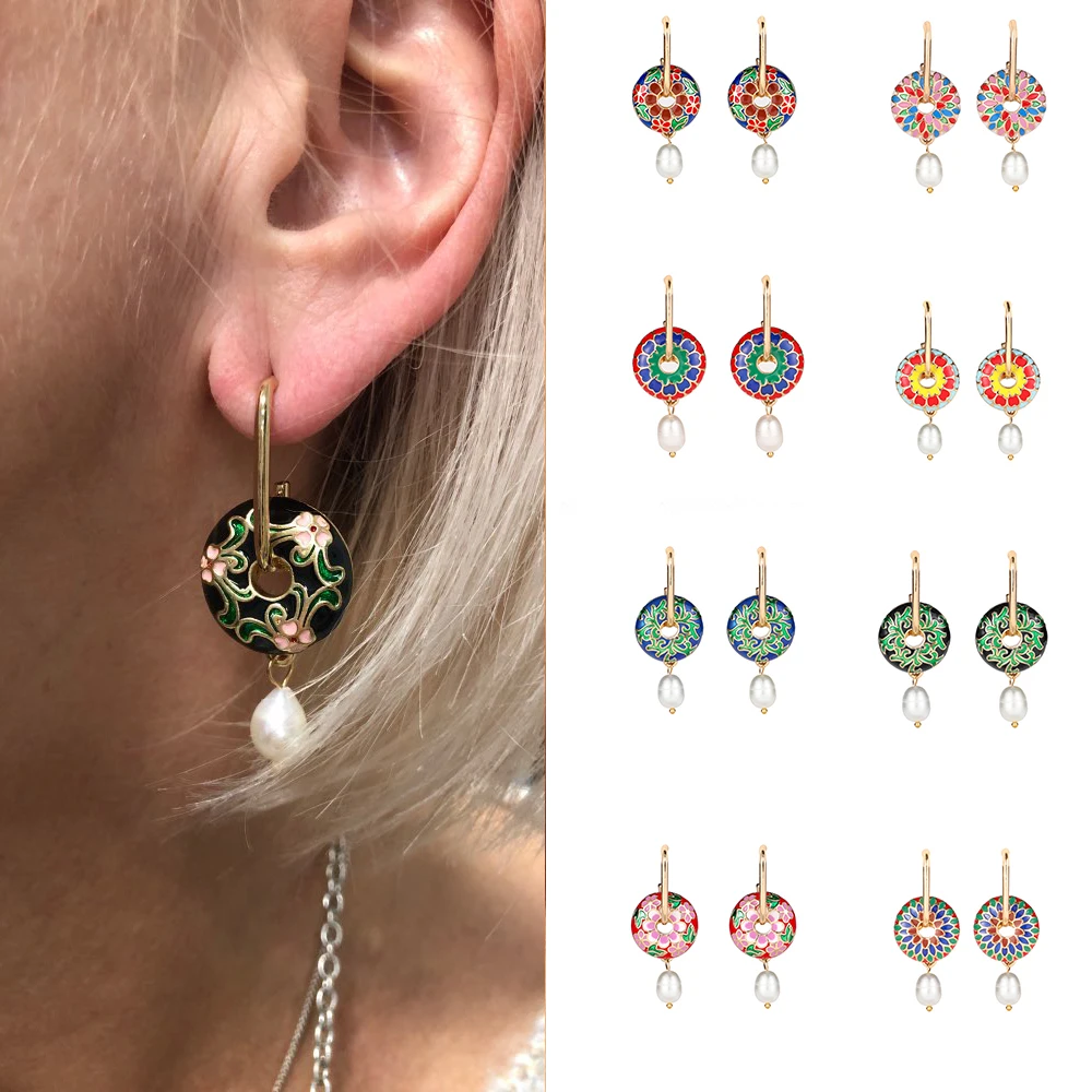 Серьги в форме цветка с эмалью женские винтажные круглые Висячие Ювелирные