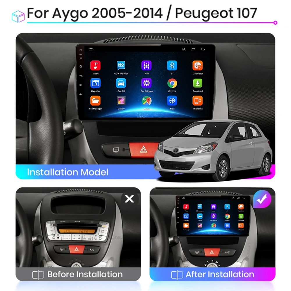 Android 10 2 Din Car Multimedia Player For Peugeot 107 Toyota Aygo Citroen C1 2005-2014 Head Unit Stereo GPS Navigation BT WIFI |
