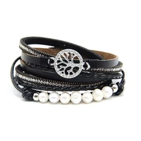 european and american exaggerated new hollow life tree cowhide pearl magnetic buckle womens long bracelet