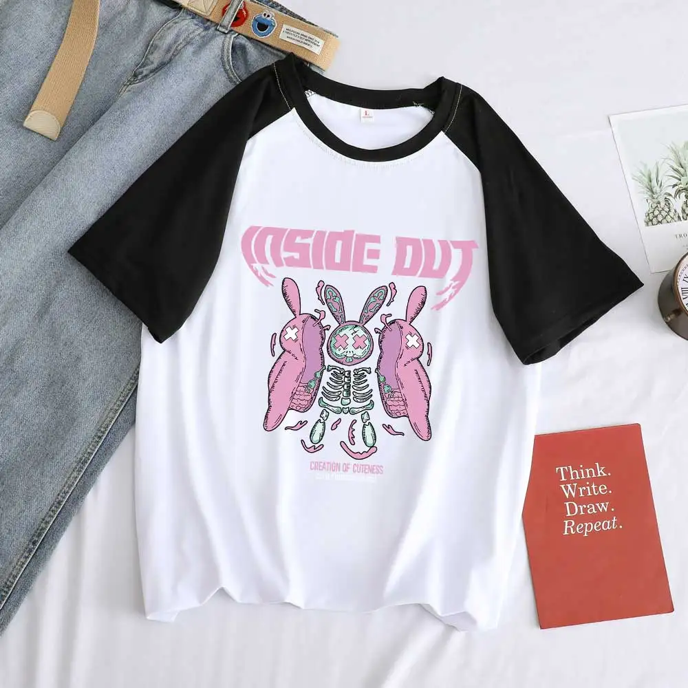 Summer Women Spell Color Splice Fashion T Shirt Cartoon Goth Skeleton Rabbit Graphic Print Tops Casual Harajuku Korean Pullover images - 2