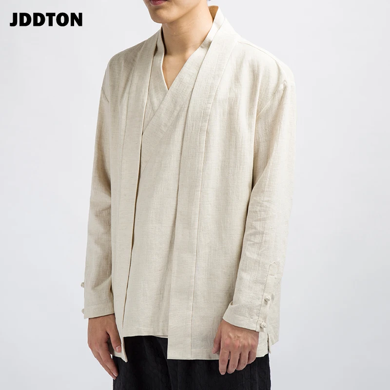 

JDDTON Spring Men Cotton Linen Kimono Loose Fashion Long Cardigan Outerwear Vintage Coats Fake Two Pieces Casual Overcoats JE089