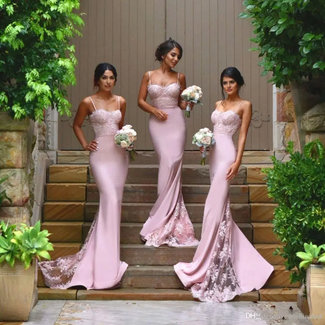 

Mermaid Long Cheap Bridesmaid Dresses Spaghetti Lace and Spandex Blush Maid of Honor Gowns Formal Wedding Party Gowns Custom