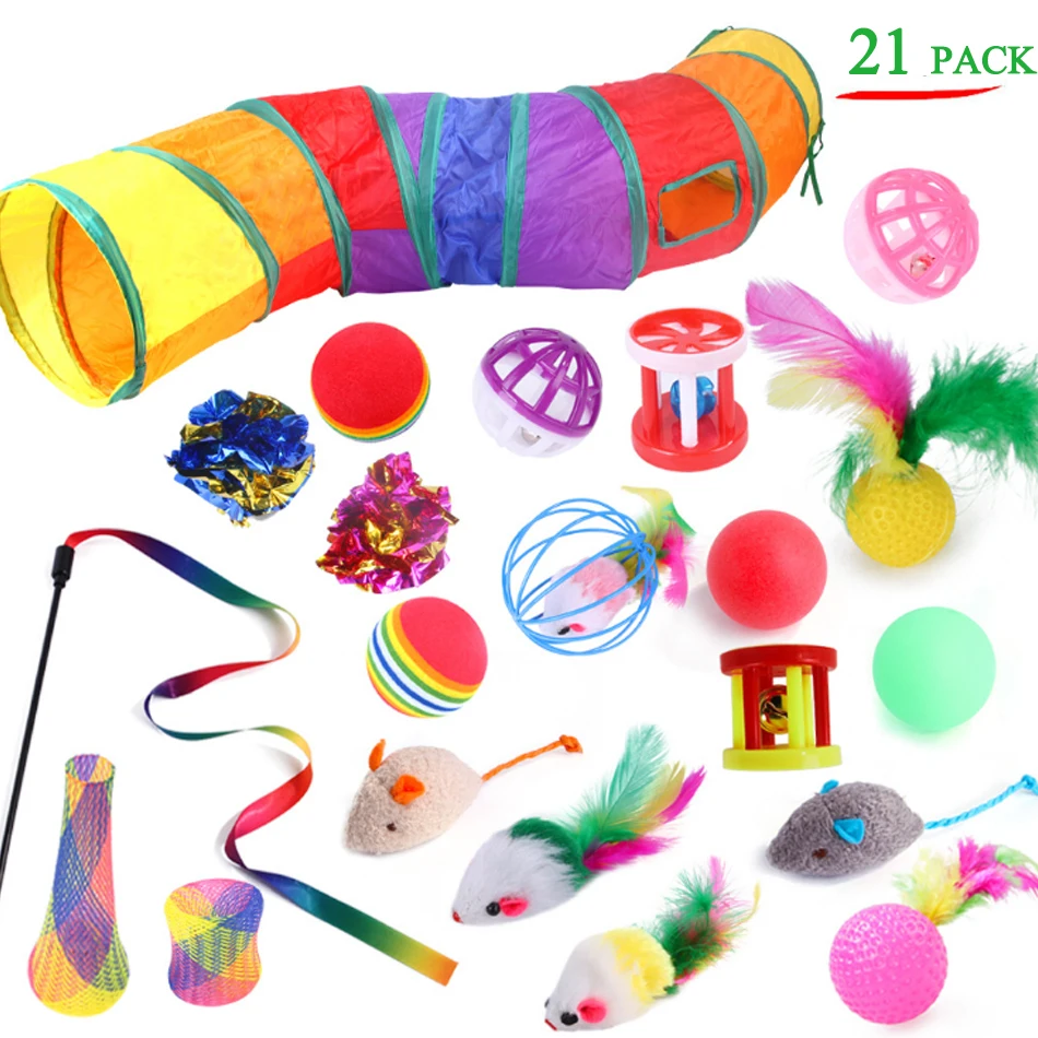 

21 Pcs Cat Toys Interactive Accessories Kit Rainbow Tunnel Funny Cat Stick Ring Ball Mice Animal Pet Supplies Cat Treat Toy Set