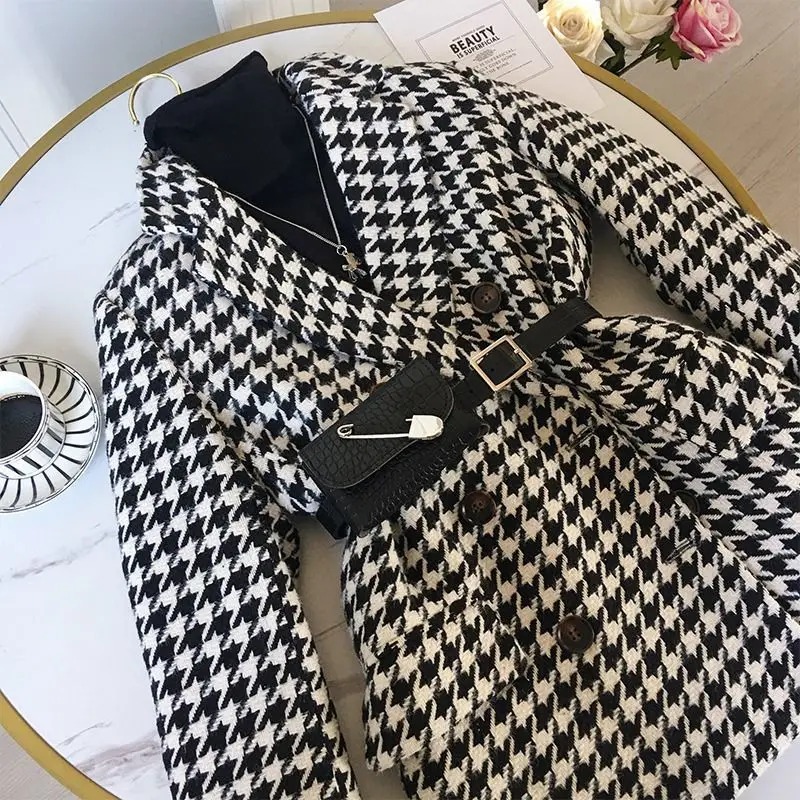 New 2021 Winter jacket new Korean version waist bag houndstooth woolen coat suit thick and loose wool | Женская одежда