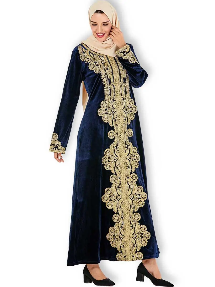 Navy Blue Бархатное мусульманское женское длинное платье, теплый кафтан с вышивкой, свободный исламский джильбаб, женское платье, повседневная одежда Turkay, Дубай, арабские платья - Цвет: Navy Blue