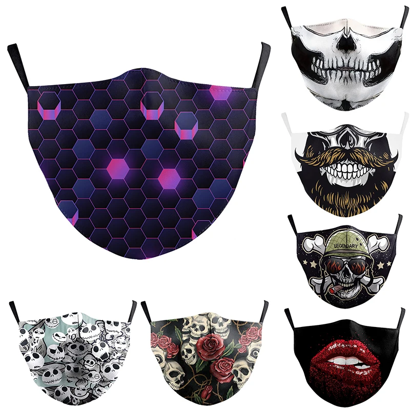 

Моющаяся многоразовая маска против пыли PM2.5 с фильтром из активированного угля, антибактериальные ветрозащитные маски для лица с рисунком черепа и зубов