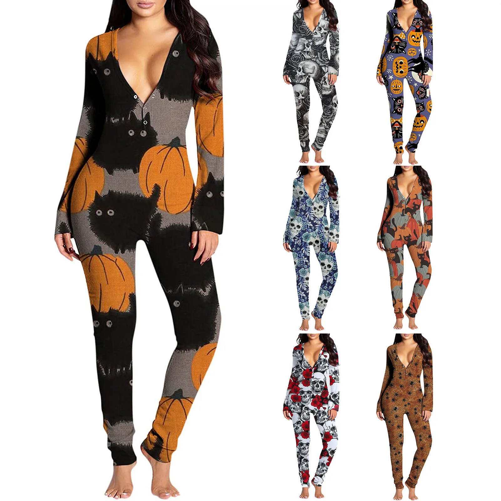 

Женский домашний комбинезон на Хэллоуин с принтом тыквы/черепа/паутины с V-образным вырезом и длинными рукавами боди с пуговицами на бедрах ...