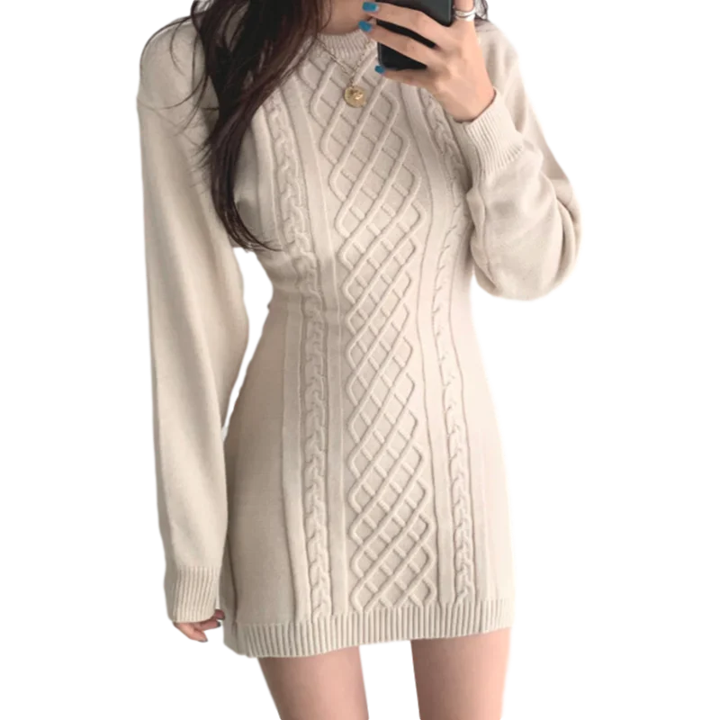 

Fashion Hollow Out Waist Sweater Dress Women Autumn Winter High Elastic Twist Knitted Dress Casual Bodycon Mini Dresses