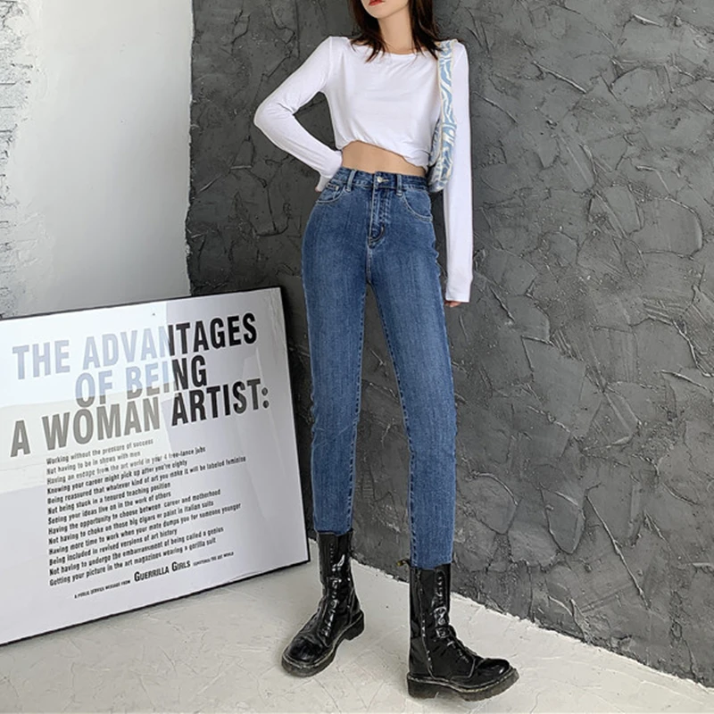 Женские винтажные растягивающиеся джинсы-карандаш с высокой талией 2021 пуговиц