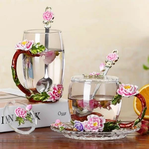Enamel Crystal Coffee Cup and Mug for Hot and Cold Drinks Home Tea Cup Spoon Set Perfect Wedding Gift Flower Tea Glass Cups