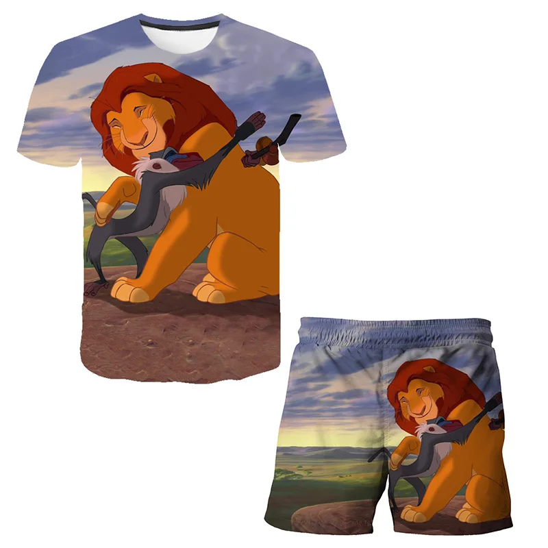 

4-12Y Kids Short Sleeve 2 Piece Clothing Set Cartoon T-shirt + Pants Boy Clothing Set Baby Boy Girl Tee Top Shorts Lion Print Se